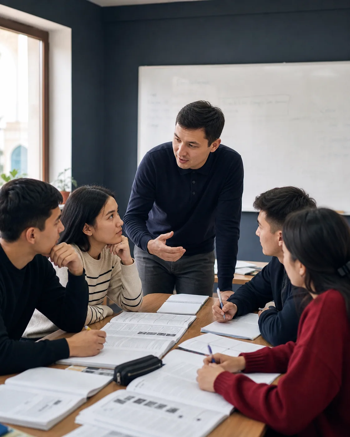 Students studying English with a teacher in a classroom
