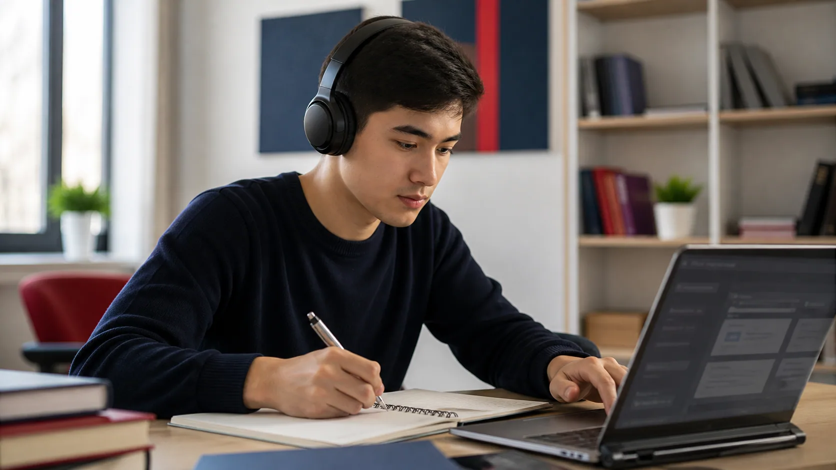 Quloqchin bilan IELTS Listening mashqini bajarayotgan talaba